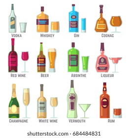 Alcoholic Drinks In Bottles And Glasses Flat Vector Icons Set. Alcohol Drink Beverage Illustration