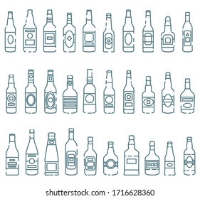 Alcoholic drinks' bottles icons set. Vector isolated outline illustrations