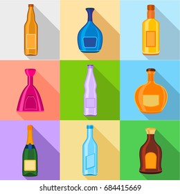 Alcoholic drinks bottles icons set, flat style
