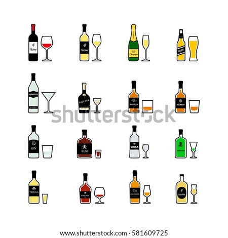 Alcoholic drinks, bottles and recommended glasses. Vector icons set