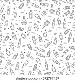 Alcoholic drinks bottles seamless pattern. Background with line bottle. Vector illustration