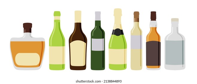 Alcoholic drinks. Bottles. Vector illustration in a flat style. The collection includes red wine, white wine, sparkling wine, vodka, cognac, liquor. Illustration for bars' and restaurants' menu. 