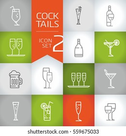 Alcoholic Drinks and cocktail outline Vector icons set 