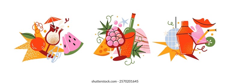 Alcoholic drinks and cocktails with abstract shapes. Cool fruit drinks, prosecco, gin, rum with ice for a party. Shapes in cartoon retro doodle groovy style of the 90s