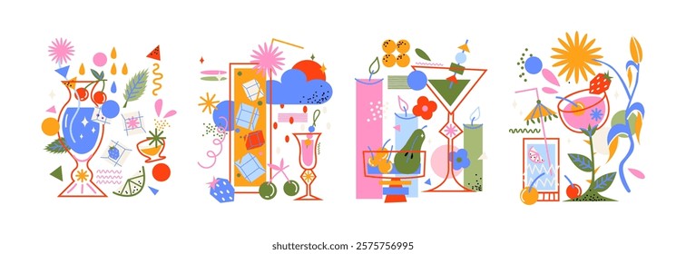 Alcoholic drinks and cocktails with abstract shapes. Cool fruit drinks, prosecco, gin, rum with ice for a party. Shapes in cartoon retro doodle groovy style of the 90s