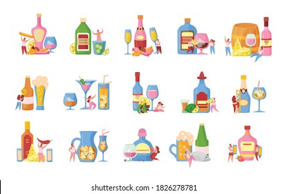 Alcoholic drinks cocktails beer flat icons set with ice cubes fruit juice rum vodka isolated vector illustration 