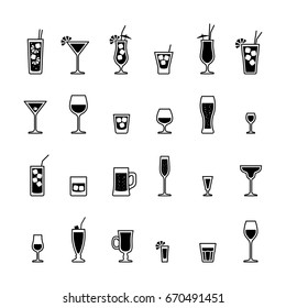 Alcoholic drinks and cocktails, black and white icons set