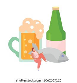Alcoholic drinks cocktails flat composition with bottle of beer with fish and glass vector illustration