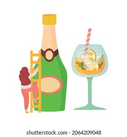 Alcoholic drinks cocktails flat composition with woman holding ladder bottle of champagne and cocktail glass vector illustration