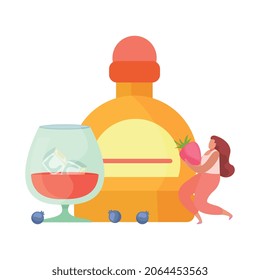 Cocktails aus alkoholischen Getränken Flache Zusammensetzung mit weiblichem Charakter, der Erdbeerflasche und Glasvektorgrafik hält