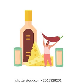 Alcoholic drinks cocktails flat composition with man holding pepper and shot glasses with cheese vector illustration