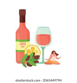 Alcoholic drinks cocktails flat composition with olives and bottle with glass and woman in zen pose vector illustration