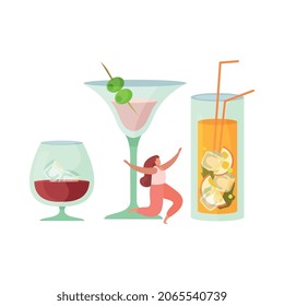 Cocktails aus alkoholischen Getränken Flache Zusammensetzung mit Brille von alkoholischen Getränken mit glücklicher Frau Vektorgrafik
