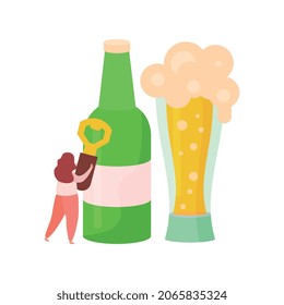 Cócteles de bebidas alcohólicas Composición plana con botella de cerveza con vidrio y mujer sujetando ilustración vectorial de abrelatas