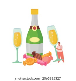 Cócteles de bebidas alcohólicas Composición plana con copas de champán ramo de caramelos e ilustración del vector de botella