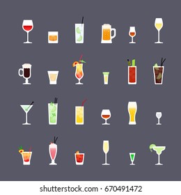 Alcoholic drinks and cocktails, flat icons set