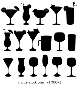 Alcoholic drinks, cocktails and glasses