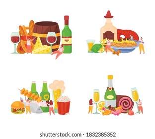 Alcoholic drinks cocktails party aperitif with beer wine cheese cake snacks beer 4 flat compositions vector illustration