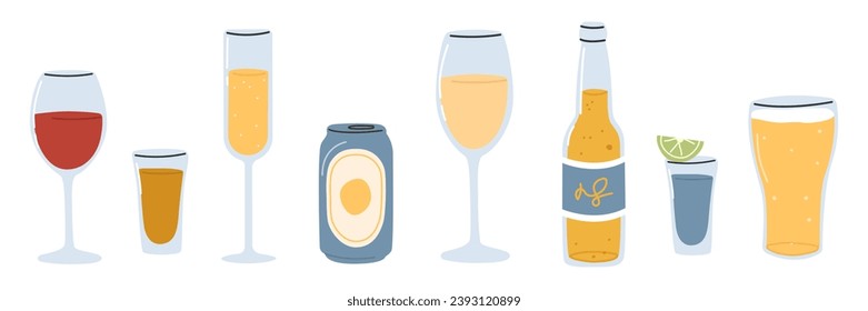 Alcoholic drinks collection flat trendy style.White and red wine, beer, champagne,whiskey, cognac,tequila. Vector illustration