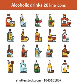 Alcoholic drinks color line icons set. Household equipments. Pictograms for web page, mobile app, promo. UI/UX/GUI design element. Editable stroke.