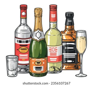 Alcoholic drinks colorful detailed sticker with bottles and glasses with wine and vodka or whiskey for bar advertising vector illustration