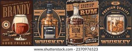 Alcoholic drinks colorful set flyers with brandy and whiskey glasses near romo bottle for bar wall decoration vector illustration