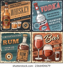 Alcoholic drinks colorful set posters with rum and whiskey in or vodka and wine in glasses and bottles vector illustration