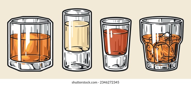 Alcoholic drinks colorful set sticker with whiskey and brandy or liquor and rum in different shaped glasses vector illustration