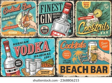 Alcoholic drinks colorful set stickers with bottle of vodka or gin with glass filled with beach cocktail vector illustration