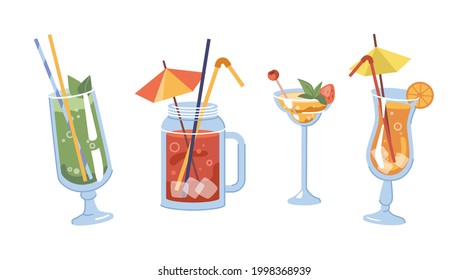 Alcoholic drinks with decorative straws and umbrellas. Isolated glasses with orange slices and cherries. Liquors and lemonades. Tonic or rum mix, tropical mojito. Flat cartoon vector illustration