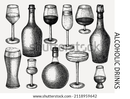 Alcoholic drinks glasses and bottles hand-drawing. Hand-sketched bar beverages set. Wine, champagne, brandy, whiskey, grappa collection. Vintage drinks vector illustration isolated on white background