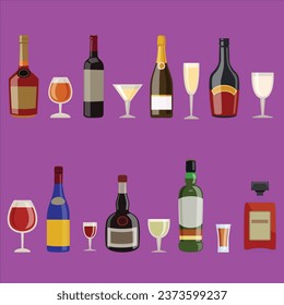 Alcoholic drinks and glasses vector illustrations set. Liquor bottles of different shapes with labels, whiskey, rum, wine isolated on white background. Beverage, alcohol concept for menu design