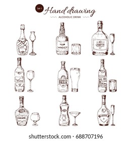 Alcoholic drinks hand drawn set including wine vodka and liquor cognac vermouth and whiskey isolated vector illustration