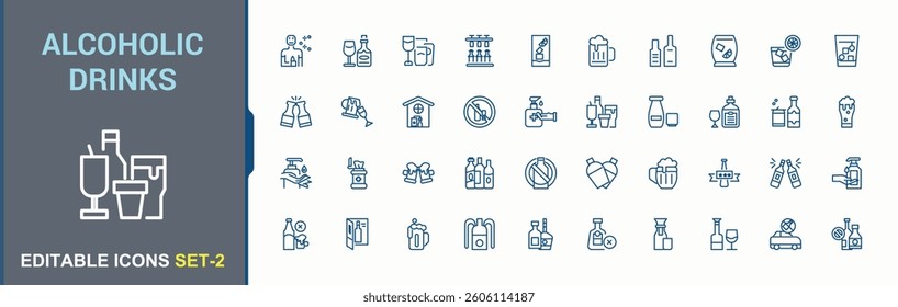 Alcoholic Drinks icon set. Containing beverage, vodka, wine, restaurant, cocktail, beer and more. Alcohol icon set. Outline icons in linear style. Minimalist vector collections.