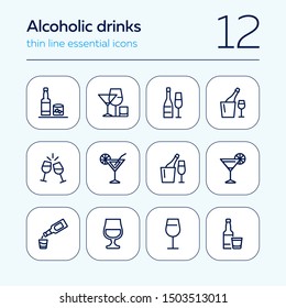 Alcoholic drinks icon. Set of line icons on white background. Martini, toast, whiskey. Beverage concept. Vector illustration can be used for topics like wine menu, bar, drinks