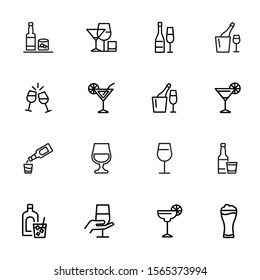 Alcoholic drinks icon. Set of line icons on white background. Martini, toast, whiskey. Beverage concept. Vector illustration can be used for topics like wine menu, bar, drinks