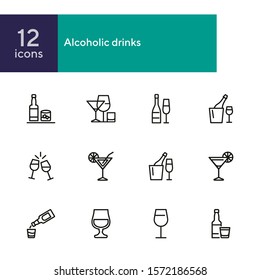 Alcoholic drinks icon. Set of line icons on white background. Martini, toast, whiskey. Beverage concept. Vector illustration can be used for topics like wine menu, bar, drinks