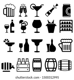 Alcoholic drinks icon vector set. Alcohol illustration symbol collection. Glass, bottle, barrel sign or logo.
