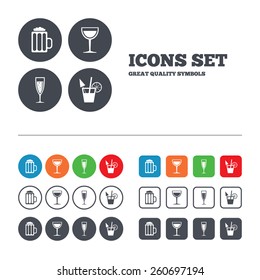 Alcoholic drinks icons. Champagne sparkling wine with bubbles and beer symbols. Wine glass and cocktail signs. Web buttons set. Circles and squares templates. Vector