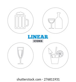 Alcoholic drinks icons. Champagne sparkling wine and beer symbols. Wine glass and cocktail signs. Linear outline web icons. Vector