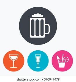 Alcoholic drinks icons. Champagne sparkling wine and beer symbols. Wine glass and cocktail signs. Circle flat buttons with icon.