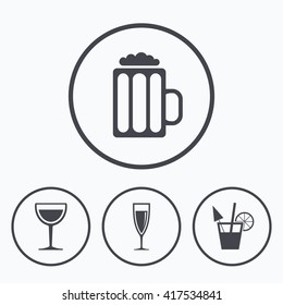 Alcoholic drinks icons. Champagne sparkling wine and beer symbols. Wine glass and cocktail signs. Icons in circles.