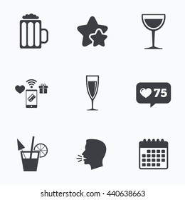 Alcoholic drinks icons. Champagne sparkling wine and beer symbols. Wine glass and cocktail signs. Flat talking head, calendar icons. Stars, like counter icons. Vector