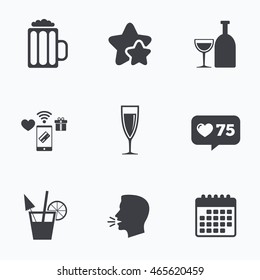 Alcoholic drinks icons. Champagne sparkling wine and beer symbols. Wine glass and cocktail signs. Flat talking head, calendar icons. Stars, like counter icons. Vector