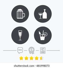 Alcoholic drinks icons. Champagne sparkling wine and beer symbols. Wine glass and cocktail signs. Chat, award medal and report linear icons. Star vote ranking. Vector