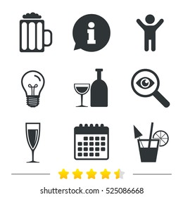 Alcoholic drinks icons. Champagne sparkling wine and beer symbols. Wine glass and cocktail signs. Information, light bulb and calendar icons. Investigate magnifier. Vector