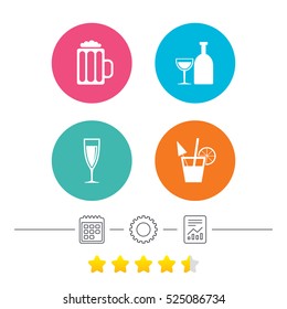 Alcoholic drinks icons. Champagne sparkling wine and beer symbols. Wine glass and cocktail signs. Calendar, cogwheel and report linear icons. Star vote ranking. Vector