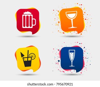 Alcoholic drinks icons. Champagne sparkling wine with bubbles and beer symbols. Wine glass and cocktail signs. Speech bubbles or chat symbols. Colored elements. Vector