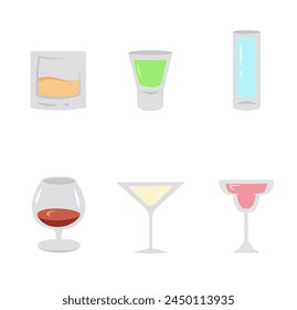 Alcoholic drinks icons. Collection of web icons such as glasses, spirits, beer, bar, champagne, whiskey, wine. Alcoholic beverages in glasses.