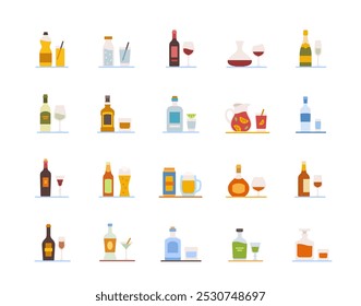 Iconos de bebidas alcohólicas. Carteles coloridos con vino, whisky, champán, cerveza, cóctel, vodka y ginebra. Bebidas del menú del bar. Colección de Ilustración vectorial plana aislada sobre fondo blanco